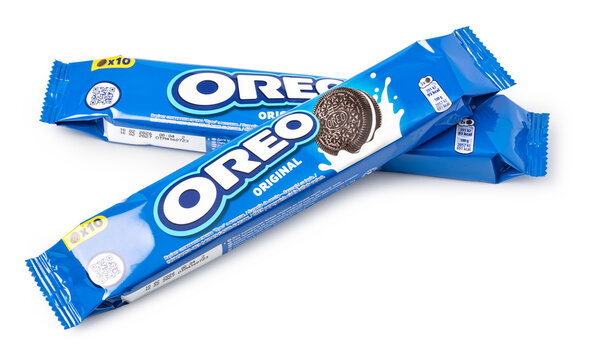 Oreo original chocolate sandwich cookies on white background