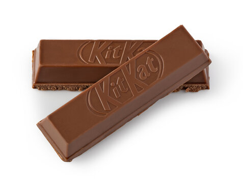 Kit kat chocolate wafer bars on white background