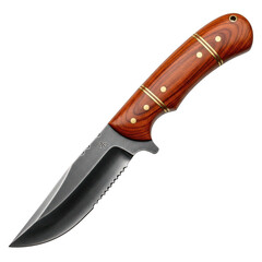 Obraz premium A sharp tactical hunting knife featuring a dark serrated steel blade and a polished wooden handle