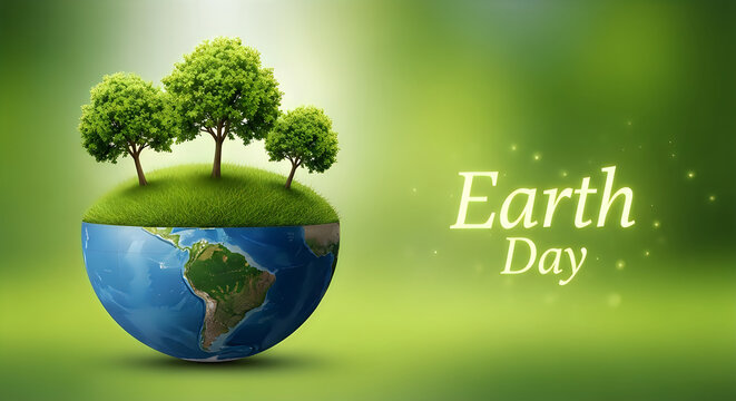 Earth day globe with trees and green grass festive background save earth