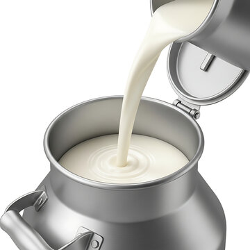 Fresh white milk pouring into metal container isolated on white background dairy production.