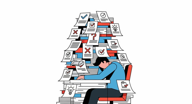 Stressed professional drowning in an overwhelming mountain of paperwork and tasks, illustrating the burden of excessive workload, deadlines, and administrative challenges