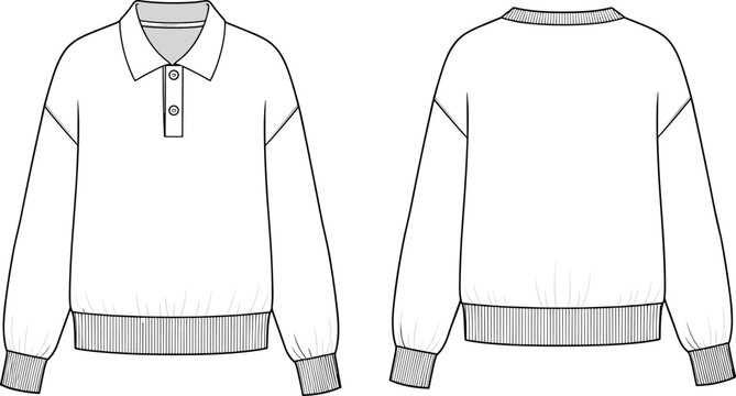 Vector technical flat fashion sketch template of a long sleeve oversized polo sweater sweatshirt with ribbed cuffs and hem details