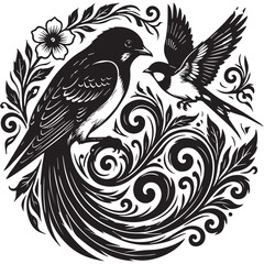 Intricate Black and White Birds Illustration in Folk Art Style © Mujtanibah