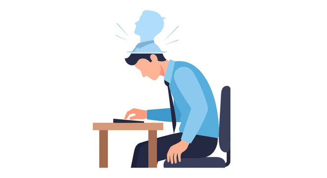 Brain drain Man sitting at desk with an empty head silhouette above, symbolizing mental exhaustion and overwork