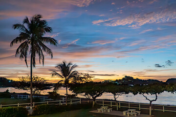 Obraz premium Late evening tropical sunset with palm trees blowing in the wind amazing golden hour Costa Rica Latin America. 