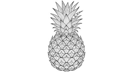 Obraz premium Intricate black and white cross-hatched illustration of a ripe pineapple showcasing textured spiky leaves and a patterned exterior on a neutral surface.