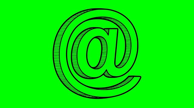 Hand drawn isometric at symbol on green screen background. Black line art doodle arroba at @ icon for email and social media concepts. High quality chroma key animation with no white fill