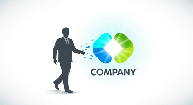 Abstract illustration depicting a businessman's energetic transformation and seamless integration into a vibrant, forward-thinking company brand identity