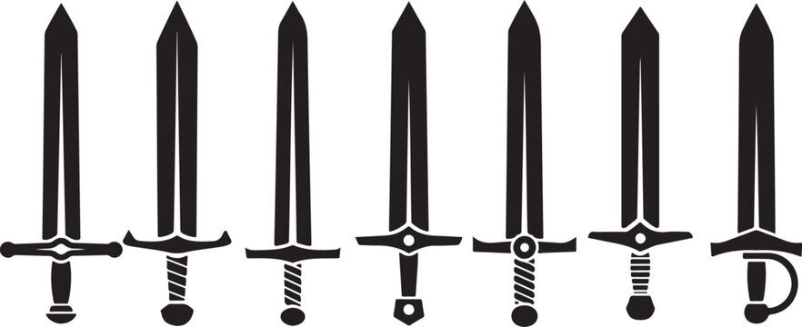 A stark depiction of a medieval sword blade and hilt clearly defined in black a minimalist silhouette.Medieval sword blade and hilt silhouette vector illustration.