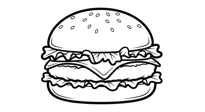 A hearty double patty hamburger featuring layers of fresh lettuce and melted cheese is presented in a bold black and white line art drawing style today.
