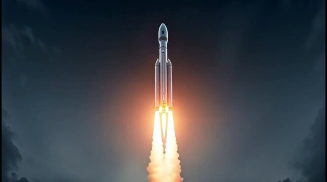 A powerful rocket launching into a cloudy sky with bright flames and smoke