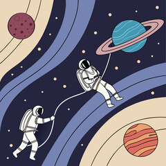 Fototapeta premium Astronauts drifting in surreal cosmic environment with outer space deep space zero gravity astronaut suit ringed planet astronaut universe exploration abstract colorful floating drifting