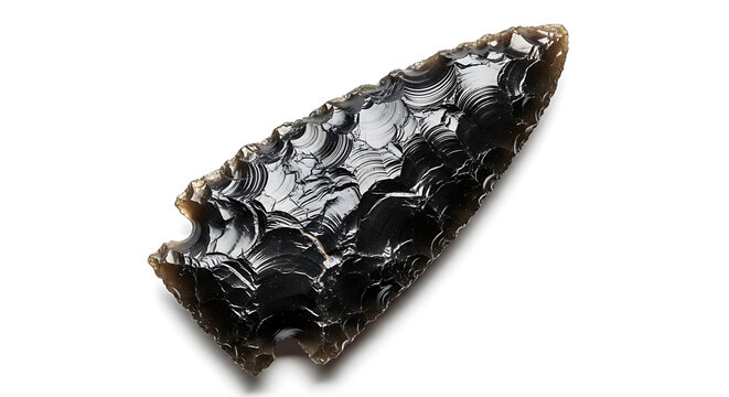 Obsidian arrowhead ancient stone tool on white background arrowhead obsidian primitive projectile material artifact historical archaeology isolated close-up