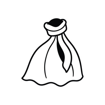 Hand-drawn illustration of a fabric bag with a tied knot and flowing cloth.