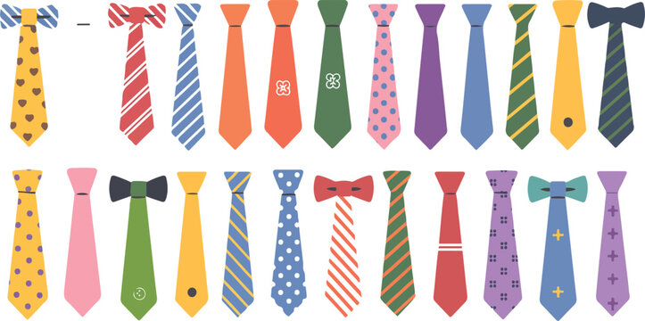 Set of colorful neckties and bow ties with various patterns, stylish men accessories for business and party outfits in flat vector illustration