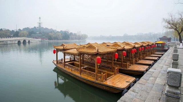 traditional tourist boats at morning fog on beijing china video