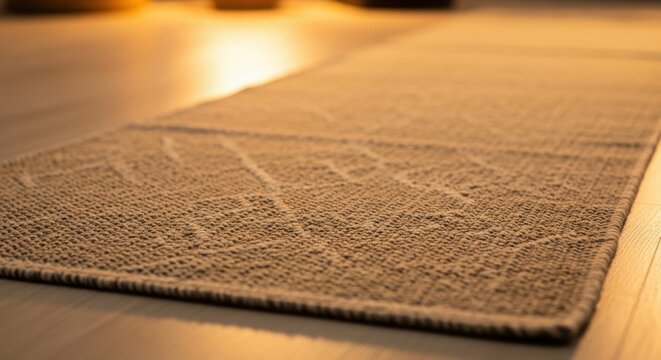 Close up of a woven cotton runner rug with a subtle geometric pattern on a floor, showcasing natural texture and warm lighting.