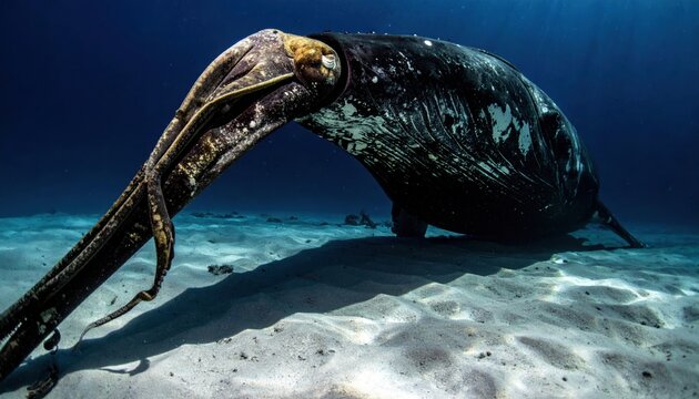 A colossal squid tentacle is investigated by a curious sperm whale in the deep blue ocean, showcasing an incredible marine encounter.