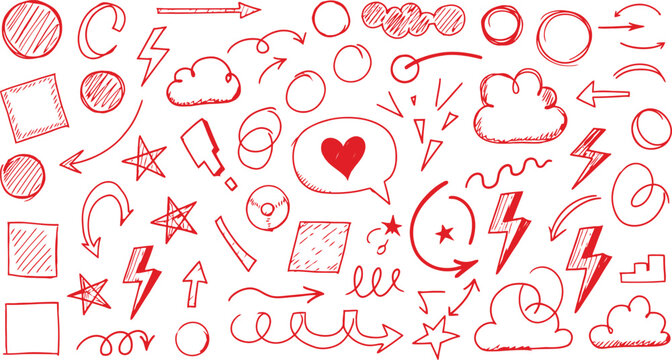 A chaotic collection of hand drawn red sketch doodles on a white background featuring arrows hearts and various shapes