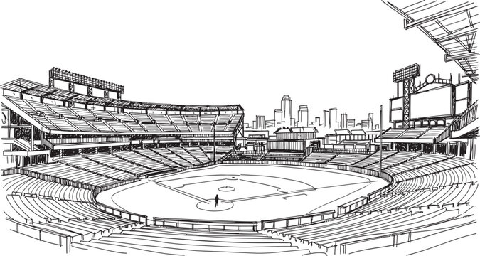 Sketch of a baseball stadium a detailed artistic rendering of a packed ballpark with city skyline