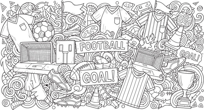 Intricate doodle art a black and white chaotic scene of buildings objects and abstract shapes