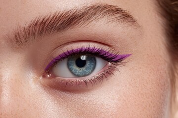 Fototapeta premium A close-up captures a beautiful blue eye adorned with a delicately applied, light purple winged eyeliner.