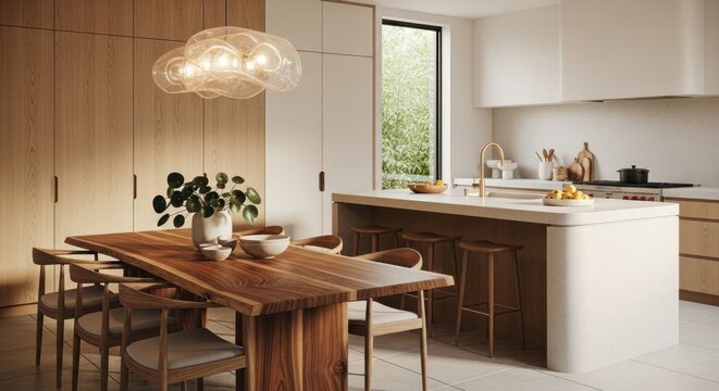 Modern kitchen interior with dining table and island counter design