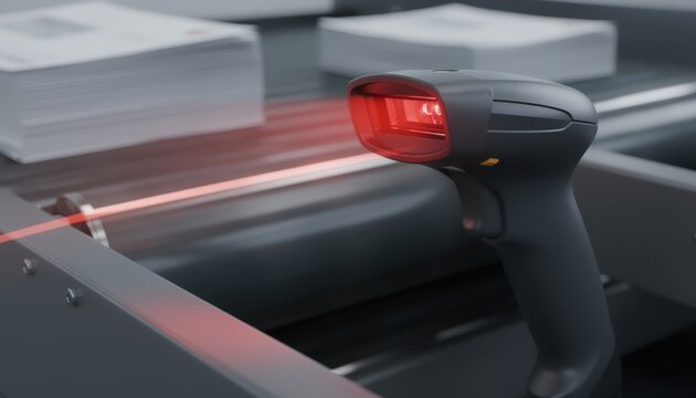 Closeup medium shot of a barcode reader scanning inbound contribution documents on a moving conveyor background elements softly out of focus to highlight technology.