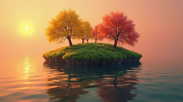 Sunset Reflection Water with Floating Island and Autumn Trees &ndash; Warm Golden Light Nature Background for Relaxation and Wellness