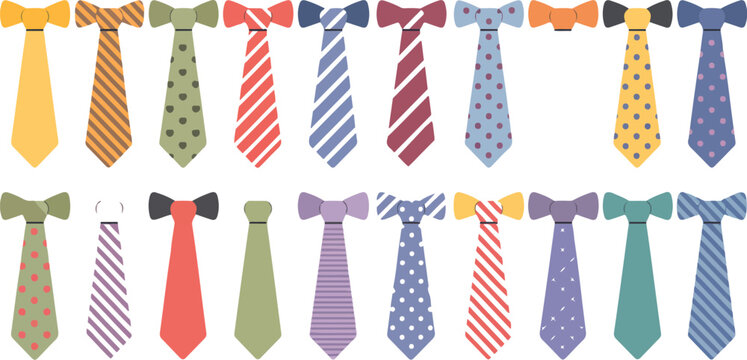 Set of colorful neckties and bow ties with various patterns, stylish men accessories for business and party outfits in flat vector illustration