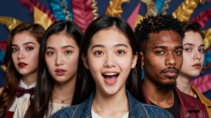 Fototapeta premium Diverse Group of Young Adults Smiling with Colorful Background