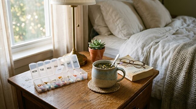 Morning Wellness: Bedside Table with Medication and Comfort