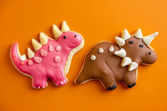 valentines dinosaur cookies pink stegosaurus brown triceratops decorated playdough on orange background cute festive design