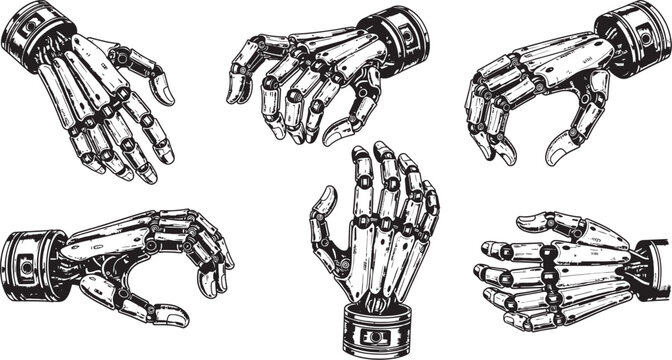 Vintage steampunk robotic hands collection detailed ink sketch illustration
