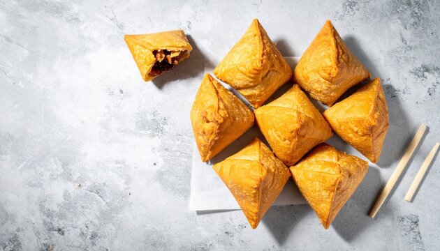 Crispy golden fried samosas with savory filling, arranged on a textured surface, perfect for any occasion