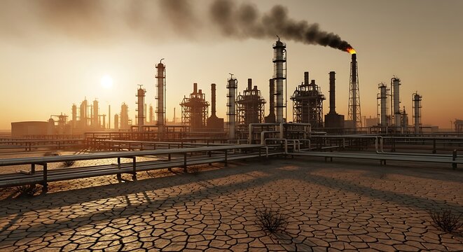 Industrial factory complex with smokestacks.
