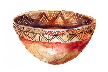 Fototapeta premium watercolor african mud bowl with tribal rim pattern vintage red brown clipart isolated on white background