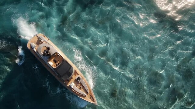 Luxury yacht and motorboat cruising turquoise ocean and sea with sunlight reflections, aerial drone view of sleek deck, teak finish and sunlit waves, calm summer leisure travel water with gentle wake