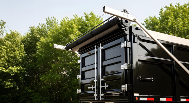 Heavy duty black dump trailer with tarp system | Industrial waste container with retractable cover | Rear view of hydraulic roll-off dump truck bed | Construction debris hauling equipment