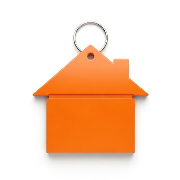 An orange house shaped keychain with a silver ring