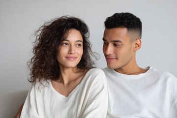 Obraz premium Female male young unspecified smiling couple closeup sharing affectionate eyes and soft expressions on a couch