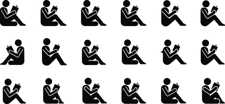 Silhouette collection of stick figures sitting on the ground reading books in various poses