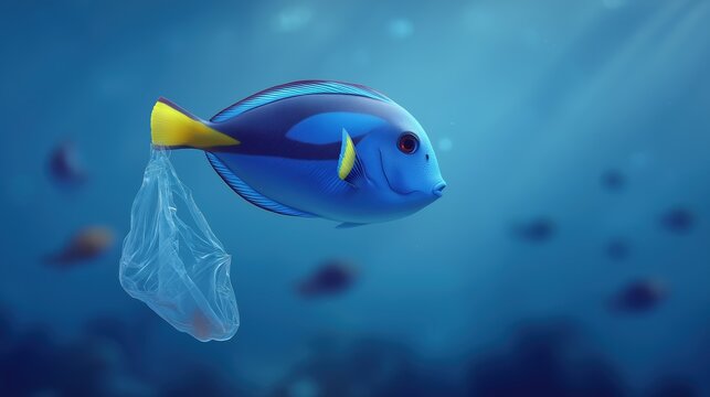 A vibrant blue tang fish with a yellow tail swims through the ocean dragging a harmful plastic bag.