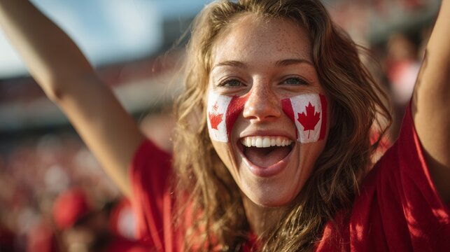 Euphoric woman in a football stadium with her face painted with the colors of the Canadian flag, cheering and supporting her team.