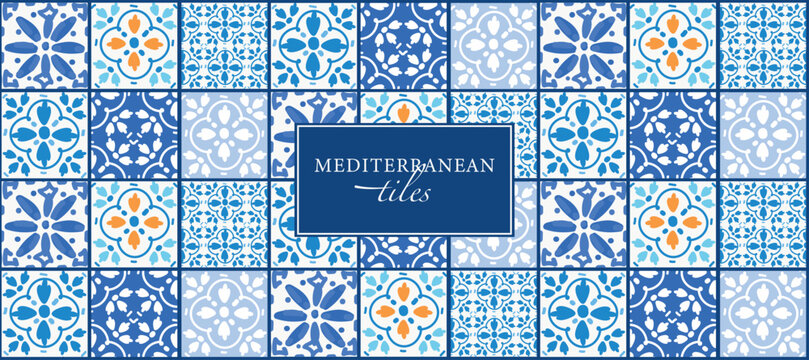Seamless Mediterranean Italian pattern. Vector illustration blue Italian tiles, ceramics, pattern, mosaic, ornament for background, textile or banner