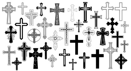 Fototapeta premium Crosses set with various symbols and designs in black and white. featuring religious icons, graphic resources, vector graphics with illustrations and