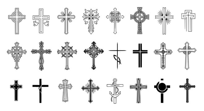Crosses religious symbols set with intricate designs and patterns featuring faith, spirituality, Christianity with sacred and holy elements for art,