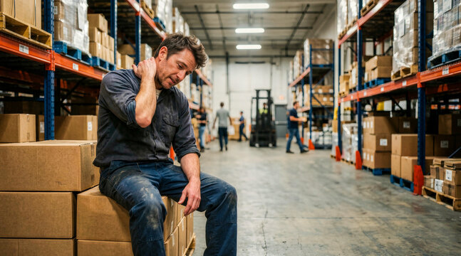 Exhausted male warehouse worker sitting on boxes and rubbing his neck. Tired blue collar employee taking a break from manual labor in a busy industrial distribution center