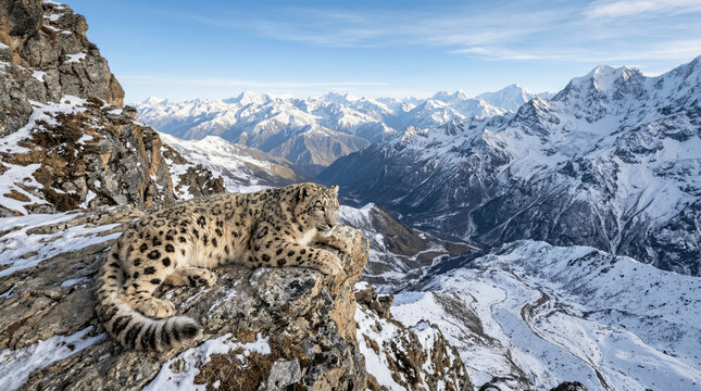 A snow leopard is lying on a rocky ledge